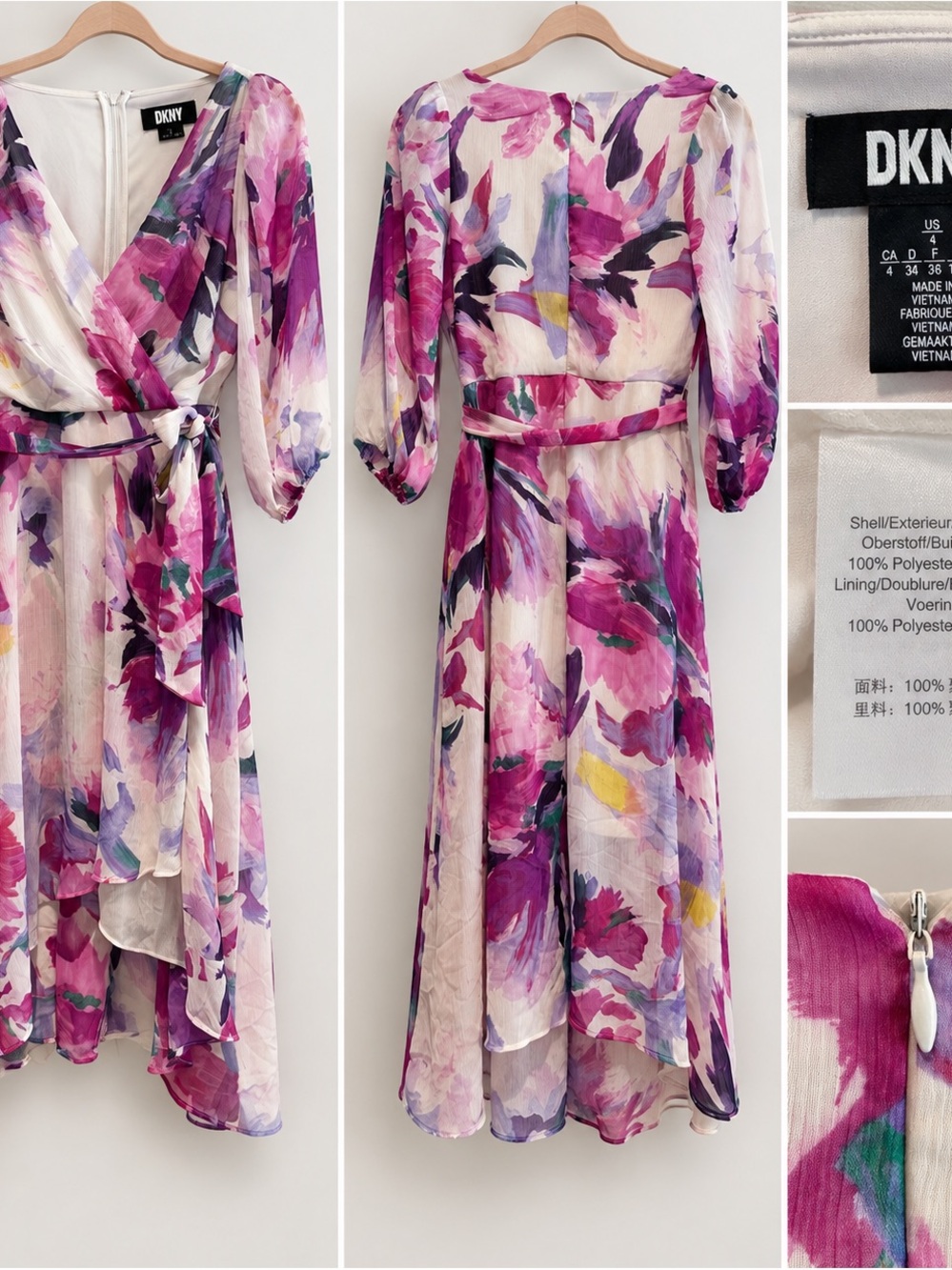 DKNY Floral Chiffon Wrap Dress Women’s Sz 4 Pink Purple Watercolor Midi High Low